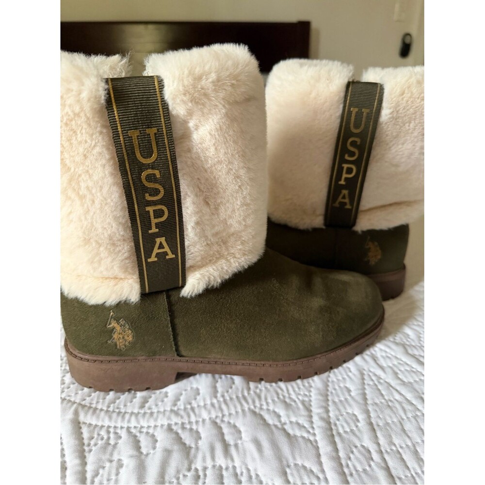U.S. Polo Assn. Olive Green and Cream Faux Fur Ankle Boots
